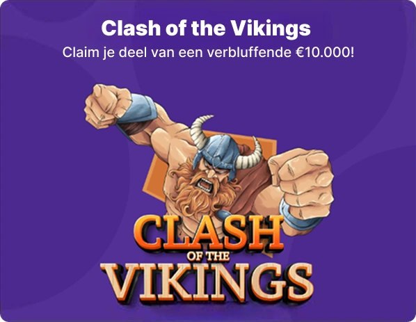 Promotiebanner voor 'Clash of the Vikings' met een gespierde viking en een prijs van €10.000