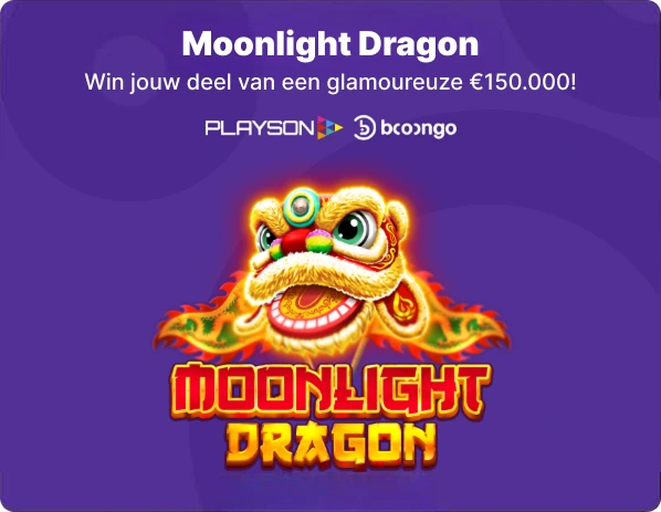 Slotcover van 'Moonlight Dragon' met een gouden draak en een promotie van €150.000