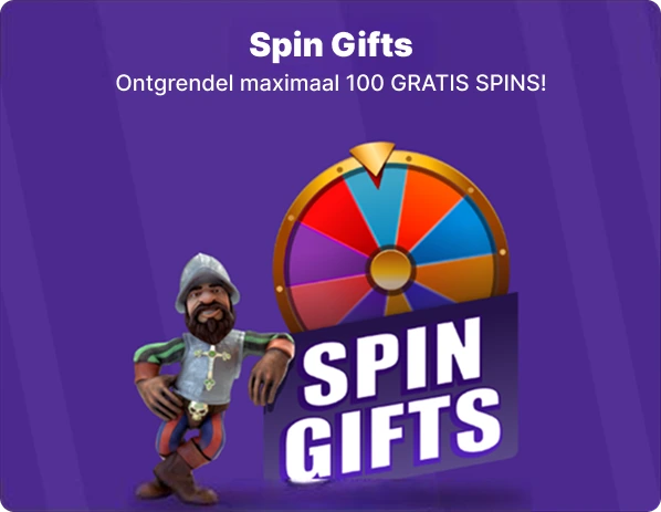 Promotie voor 'Spin Gifts' met een kleurrijk rad en gratis spins aanbieding