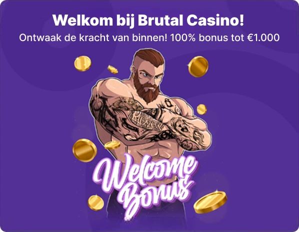 Promotiebanner met een gespierde man en gouden munten die een welkomstbonus van 100% tot €1.000 aanbiedt